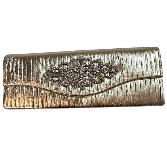 Raj Handbags - Raj Gold Metallic Pleated Clutch Evening Bag Rhinestone Embellished Chain Strap